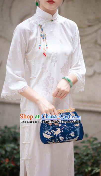 Traditional Chinese National White Silk Qipao Dress Tang Suit Cheongsam Costume for Women
