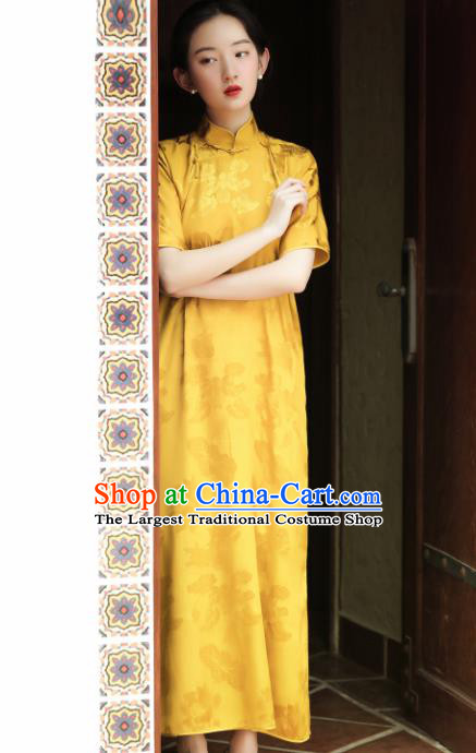 Traditional Chinese Yellow Silk Qipao Dress National Tang Suit Cheongsam Costume for Women