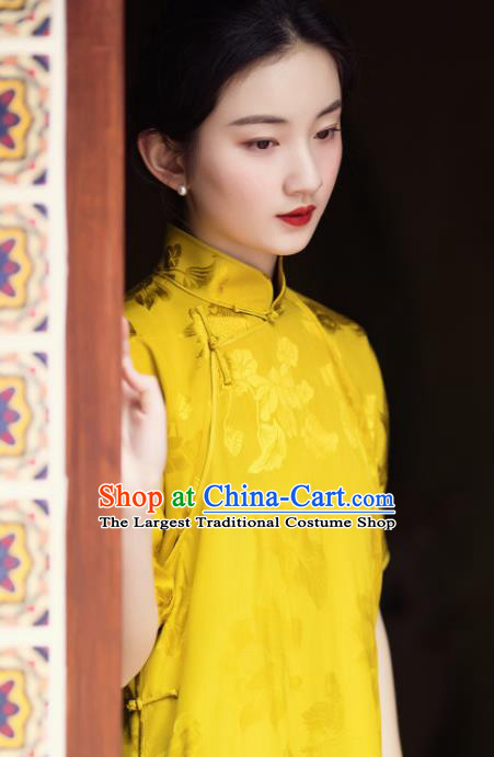 Traditional Chinese Yellow Silk Qipao Dress National Tang Suit Cheongsam Costume for Women