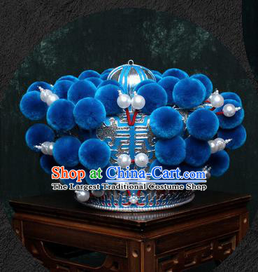 Chinese Traditional Beijing Opera Takefu Hat Peking Opera Blue Venonat Helmet for Men