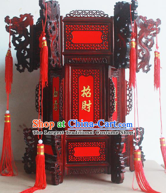 Chinese Traditional New Year Red Tassel Wood Palace Lantern Asian Handmade Lantern Ancient Lamp