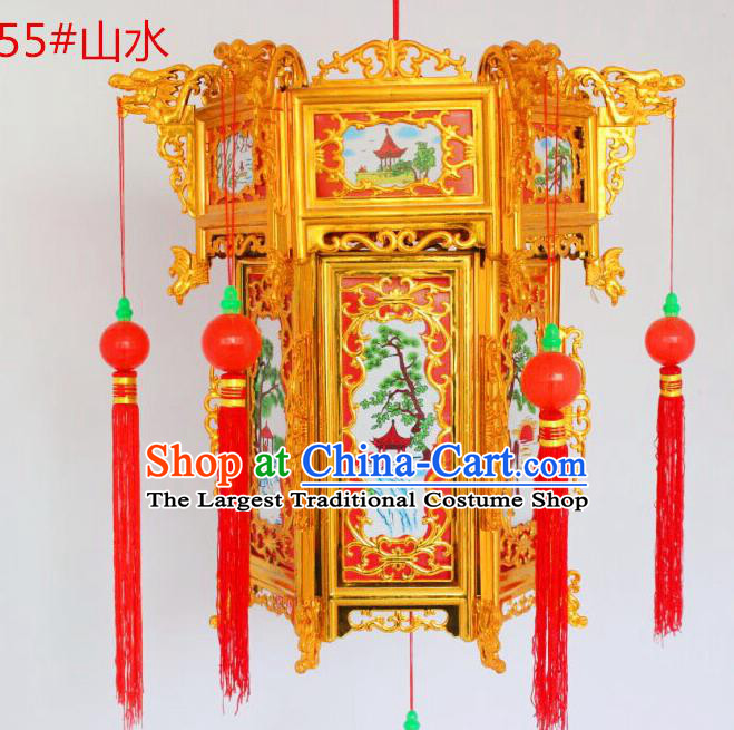 Chinese Traditional Handmade Carving Printing Landscape Palace Lantern Asian New Year Red Lantern Ancient Ceiling Lamp