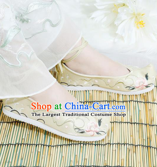 Chinese National Embroidered Peony Yellow Shoes Ancient Traditional Princess Shoes Hanfu Shoes for Women