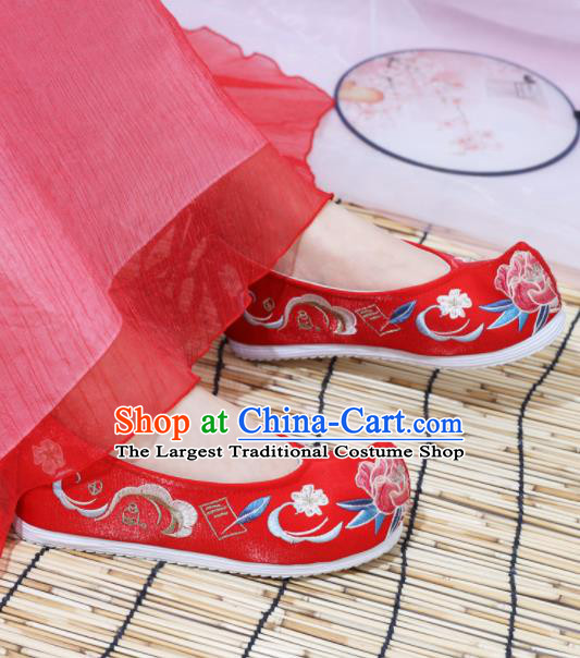Chinese National Embroidered Peony Red Shoes Ancient Traditional Princess Shoes Wedding Hanfu Shoes for Women