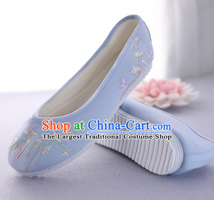 Traditional Chinese Ancient Princess Blue Embroidered Shoes Cloth Shoes Handmade Hanfu Shoes for Women