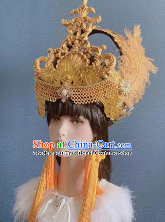 Traditional Chinese Deluxe Golden Feather Phoenix Coronet Hair Accessories Halloween Stage Show Headdress for Women