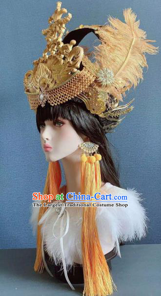Traditional Chinese Deluxe Golden Feather Phoenix Coronet Hair Accessories Halloween Stage Show Headdress for Women