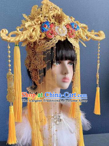Traditional Chinese Golden Deluxe Phoenix Coronet Hair Accessories Halloween Stage Show Headdress for Women
