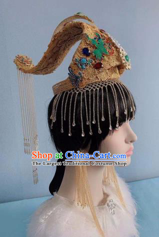 Traditional Chinese Golden Deluxe Tassel Phoenix Coronet Hair Accessories Halloween Stage Show Headdress for Women