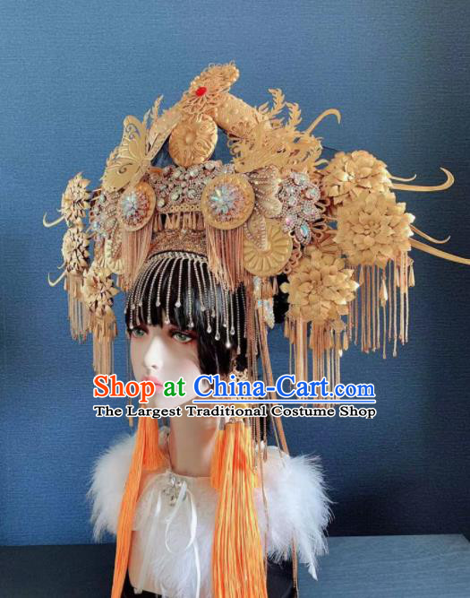Traditional Chinese Deluxe Golden Butterfly Tassel Phoenix Coronet Hair Accessories Halloween Stage Show Headdress for Women