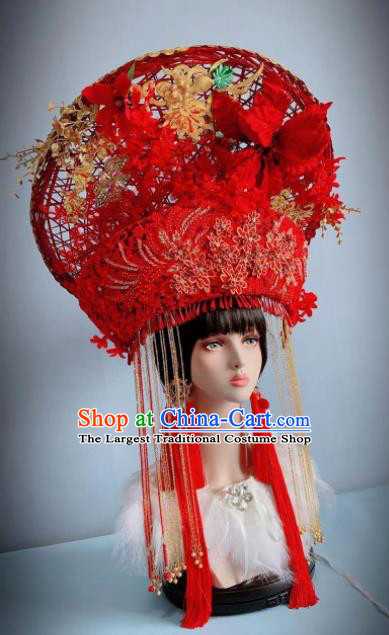 Traditional Chinese Deluxe Red Hat Phoenix Coronet Hair Accessories Halloween Stage Show Headdress for Women