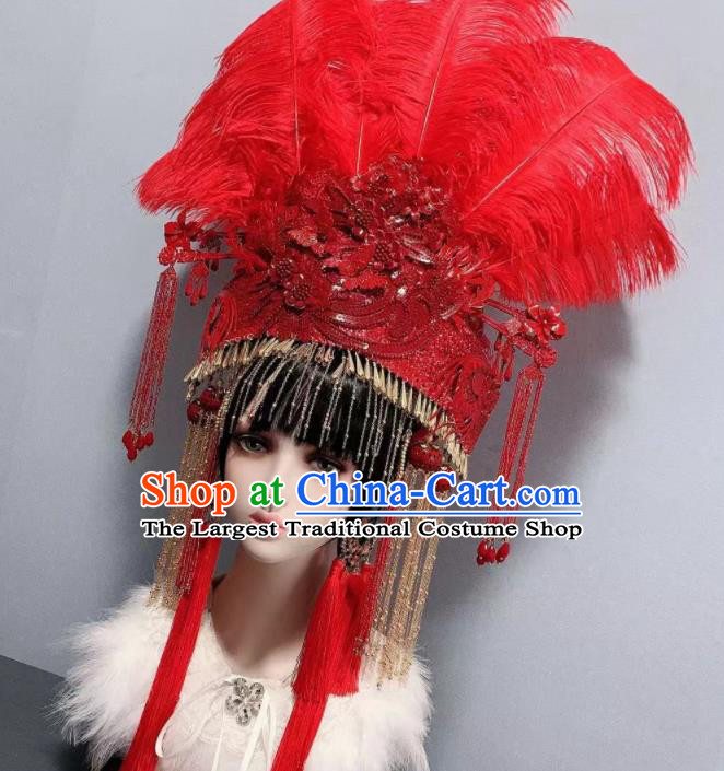 Traditional Chinese Deluxe Red Feather Tassel Phoenix Coronet Hair Accessories Halloween Stage Show Headdress for Women