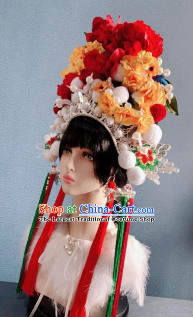 Traditional Chinese Deluxe Red Peony Phoenix Coronet Hair Accessories Halloween Stage Show Headdress for Women