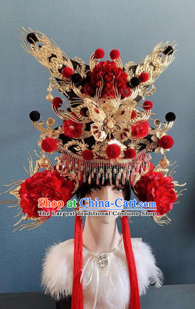 Traditional Chinese Deluxe Palace Red Peony Phoenix Coronet Hair Accessories Halloween Stage Show Headdress for Women