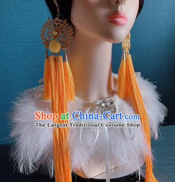 Traditional Chinese Deluxe Yellow Long Tassel Ear Accessories Halloween Stage Show Earrings for Women