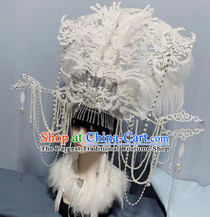 Traditional Chinese Deluxe White Lace Pearls Phoenix Coronet Hair Accessories Halloween Stage Show Headdress for Women
