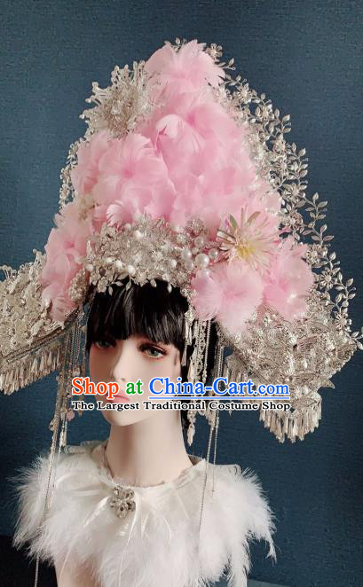 Traditional Chinese Deluxe Pink Feather Flowers Phoenix Coronet Hair Accessories Halloween Stage Show Headdress for Women