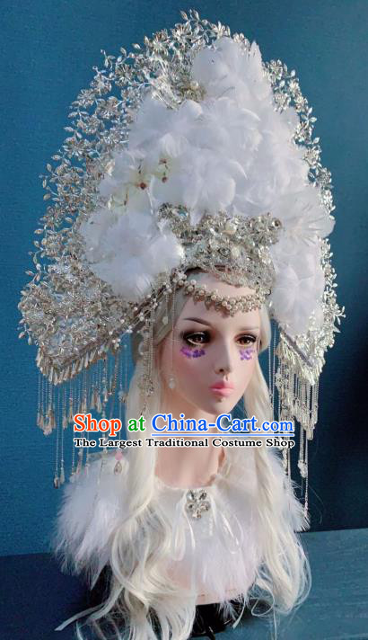 Traditional Chinese Deluxe White Flowers Phoenix Coronet Hair Accessories Halloween Stage Show Headdress for Women