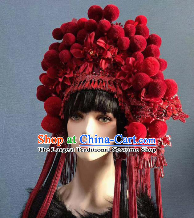 Traditional Chinese Deluxe Wine Red Venonat Phoenix Coronet Hair Accessories Halloween Stage Show Headdress for Women