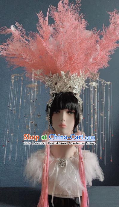 Traditional Chinese Deluxe Feather Pink Phoenix Coronet Hair Accessories Halloween Stage Show Headdress for Women
