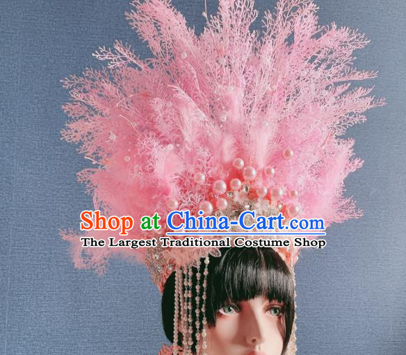 Traditional Chinese Deluxe Pink Feather Phoenix Coronet Hair Accessories Halloween Stage Show Headdress for Women
