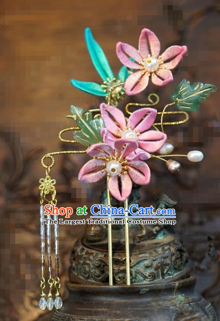 Traditional Chinese Ancient Bride Pink Plum Hair Clip Hanfu Court Queen Hairpins Handmade Hair Accessories for Women