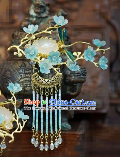 Traditional Chinese Ancient Bride Blue Plum Jade Hair Clip Hanfu Court Queen Hairpins Handmade Hair Accessories for Women