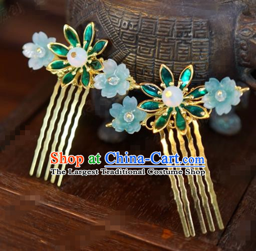 Traditional Chinese Ancient Bride Blue Plum Hair Combs Hanfu Court Queen Hairpins Handmade Hair Accessories for Women