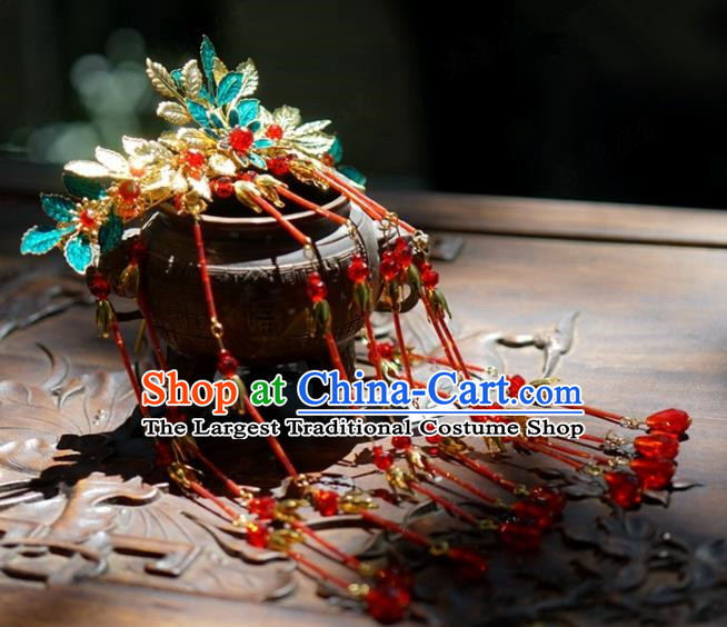 Traditional Chinese Handmade Court Red Tassel Hair Crown Hairpins Hair Accessories Ancient Queen Hanfu Hair Clip for Women