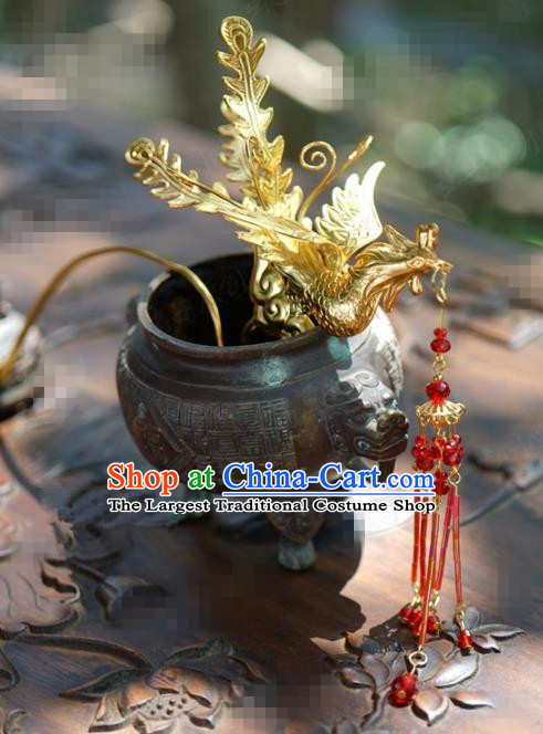 Traditional Chinese Handmade Court Red Tassel Phoenix Hairpins Hair Accessories Ancient Hanfu Hair Clip for Women
