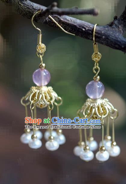Traditional Chinese Handmade Court Ear Accessories Ancient Princess Golden Tassel Earrings for Women