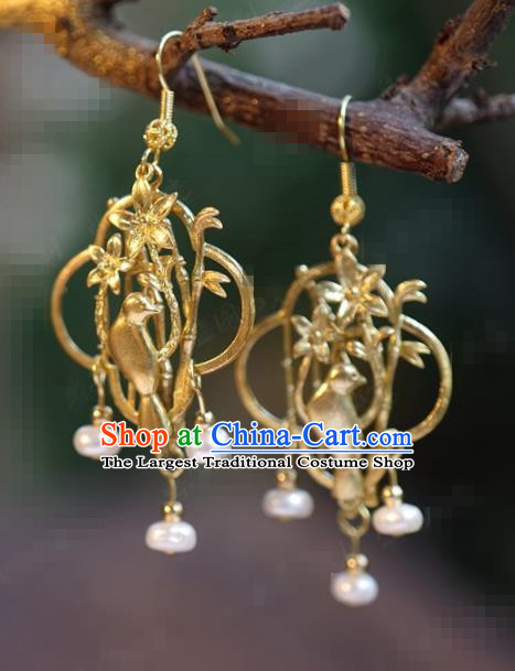Traditional Chinese Handmade Court Ear Accessories Ancient Princess Golden Bamboo Bird Earrings for Women