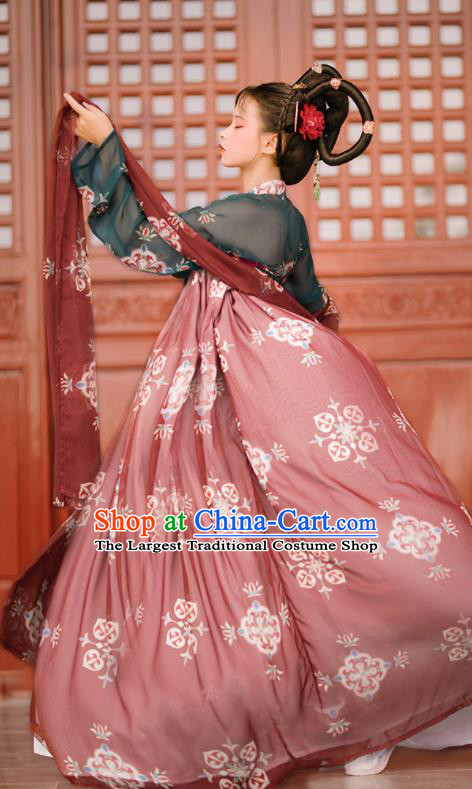 Traditional Chinese Tang Dynasty Palace Infanta Replica Costumes Ancient Goddess Princess Wine Red Hanfu Dress for Women