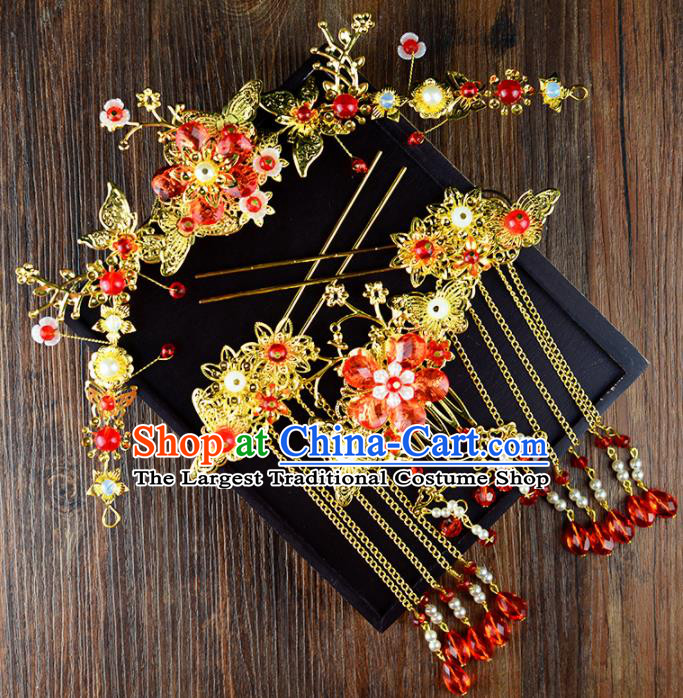 Traditional Chinese Handmade Wedding Red Hair Clasp Ancient Bride Hairpins Luxury Hair Accessories Complete Set