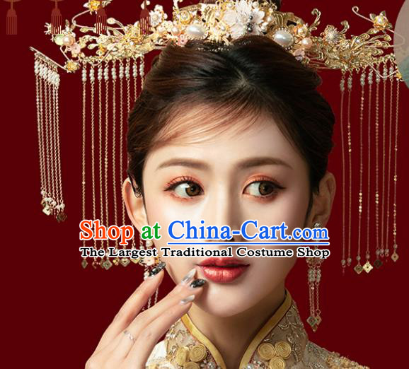 Traditional Chinese Ginkgo Wedding Phoenix Coronet Hair Accessories Ancient Bride Tassel Hairpins Complete Set