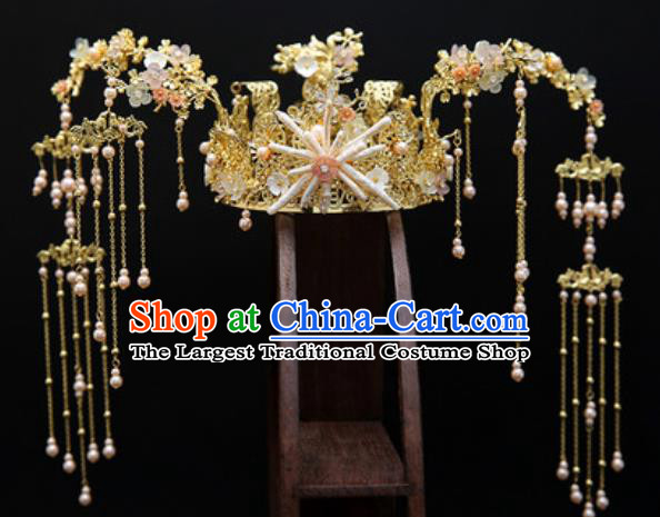 Traditional Chinese Wedding Conch Phoenix Coronet Hair Accessories Ancient Bride Tassel Hairpins Complete Set