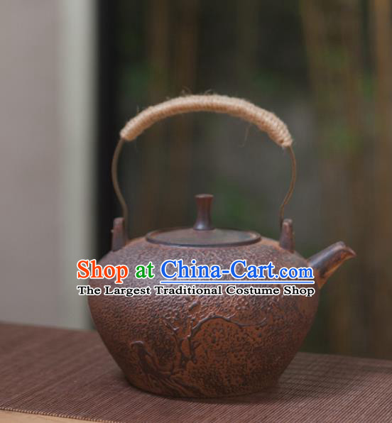 Traditional Chinese Handmade Kung Fu Pottery Teapot Red Clay Carving Tea Kettle