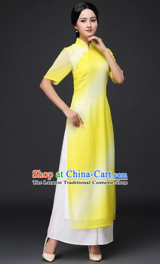 Chinese Traditional Classical Dance Yellow Cheongsam National Costume Tang Suit Qipao Dress for Women