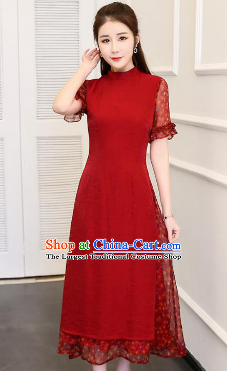 Traditional Chinese Classical Red Cheongsam National Costume Tang Suit Qipao Dress for Women