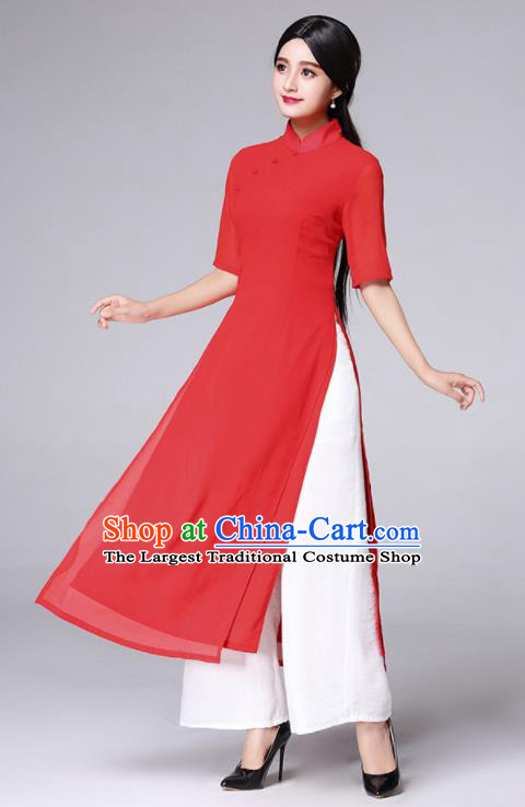 Traditional Chinese Classical Red Veil Cheongsam National Costume Tang Suit Qipao Dress for Women