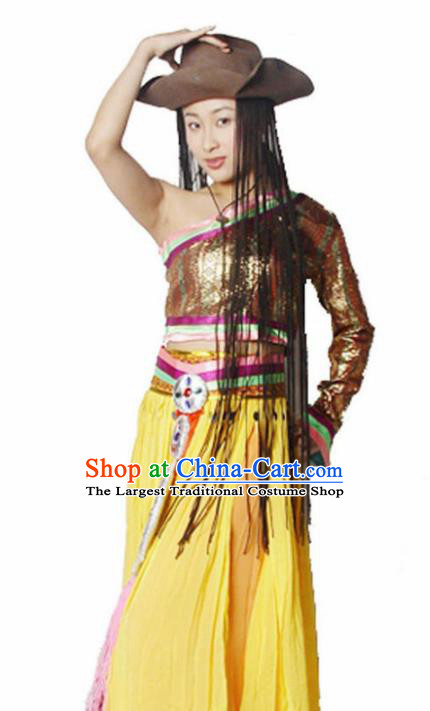 Traditional Chinese Zang Nationality Yellow Dress Tibetan Ethnic Dance Stage Show Costume for Women