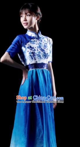 Chinese Classical Dance Chorus Costume Traditional Stage Show Fan Dance Royalblue Dress for Women