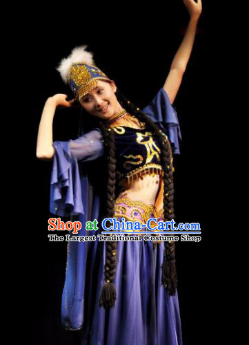 Traditional Chinese Uyghur Nationality Blue Costume Uyghurian Ethnic Dance Stage Show Dress for Women