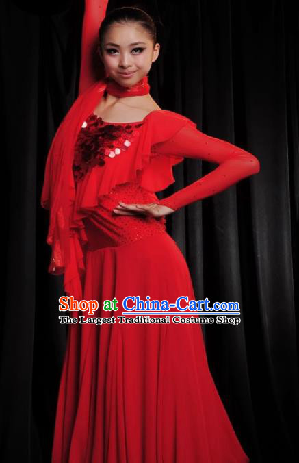 Professional Modern Dance Costume Ballroom Dance Waltz Stage Show Red Dress for Women
