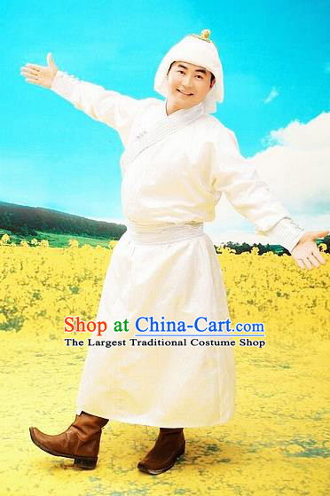 Chinese Traditional Mongol Nationality Costumes Mongolian Ethnic White Robe for Men