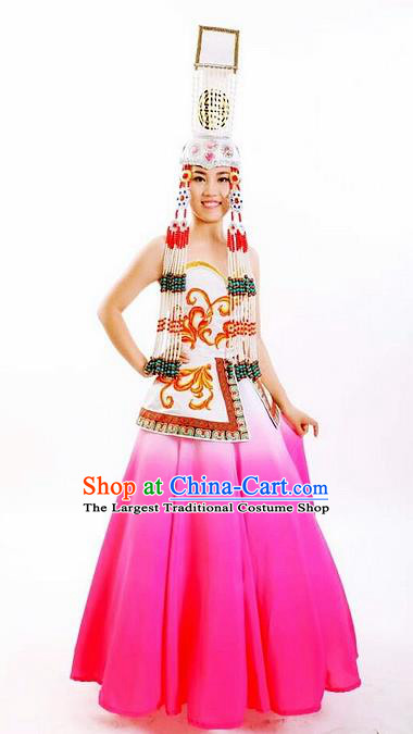 Traditional Chinese Mongol Nationality Stage Show Rosy Dress and Hat Mongolian Ethnic Dance Costume for Women