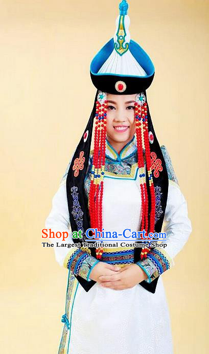 Traditional Chinese Mongol Nationality Wedding White Dress and Hat Mongolian Ethnic Dance Costume for Women