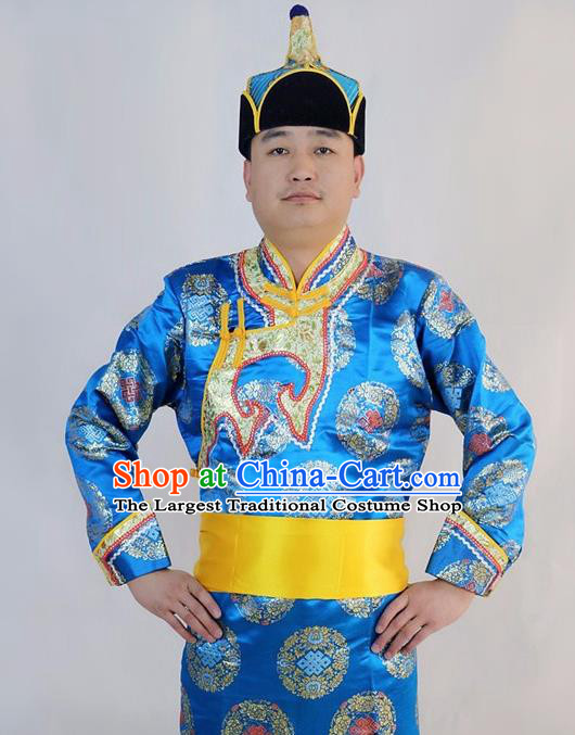 Chinese Traditional Mongol Nationality Blue Costumes Mongolian Ethnic Dance Robe for Men