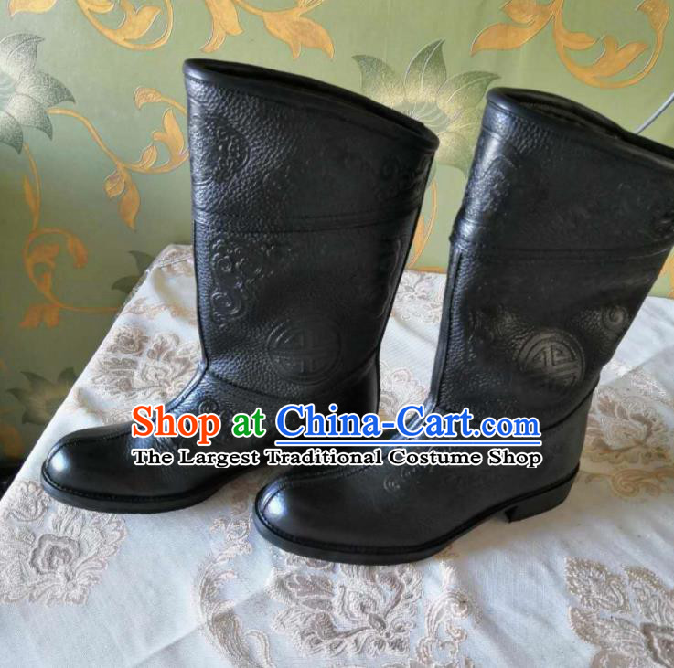 Chinese Traditional Mongol Nationality Black Boots Mongolian Ethnic Stage Show Leather Riding Boots for Men