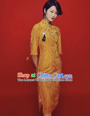 Chinese Traditional Tang Suit Retro Golden Pleuche Cheongsam National Costume Qipao Dress for Women